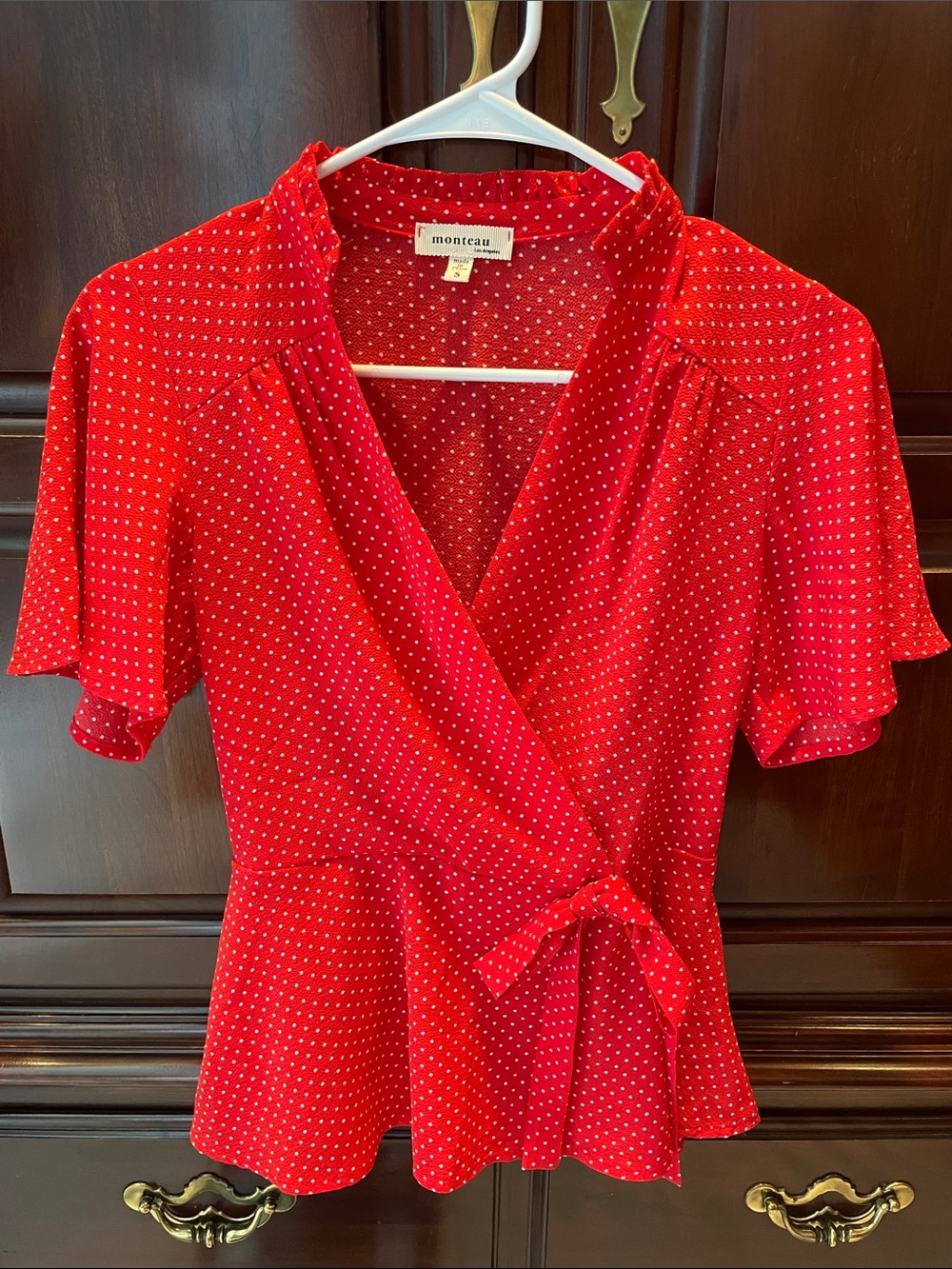 Monteau Red Polka Dot Wrap Blouse